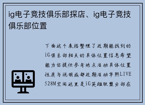 ig电子竞技俱乐部探店、ig电子竞技俱乐部位置