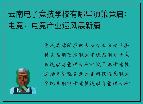 云南电子竞技学校有哪些滇策竞启：电竞：电竞产业迎风展新篇