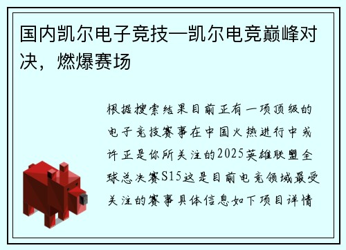国内凯尔电子竞技—凯尔电竞巅峰对决，燃爆赛场